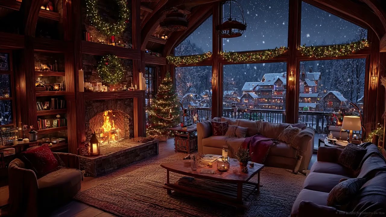 Relaxing Piano Fireplace Sounds in a Snowy Winter Cabin for Stress Relief
