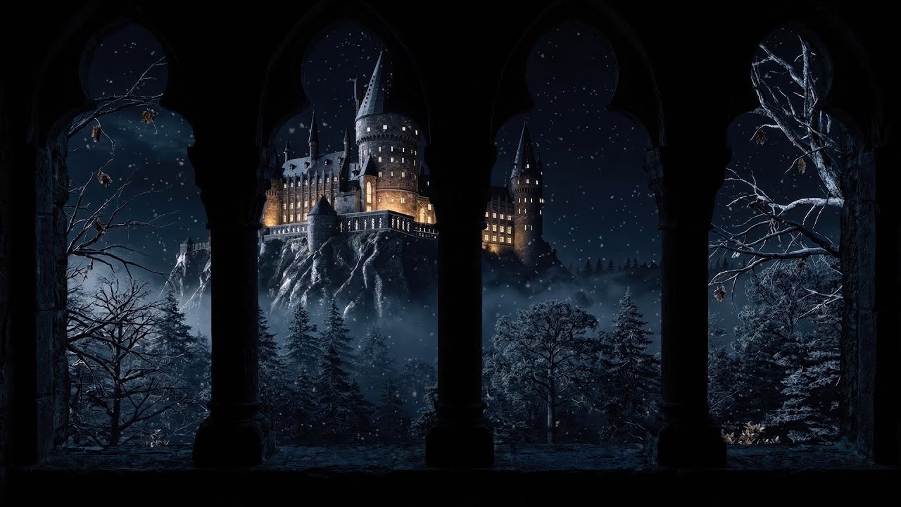 4K Harry Potter Hogwarts Winter Window – Snow Ambience and Wind Sounds for Reading and Sleep