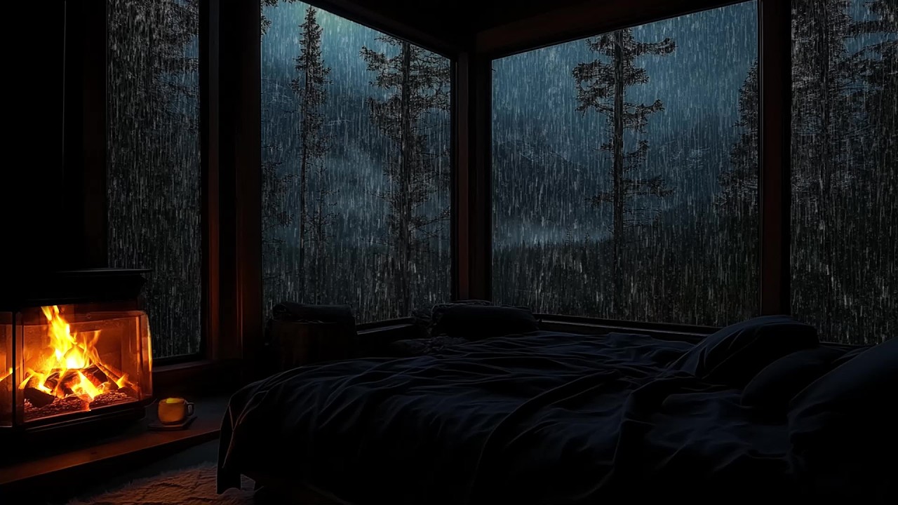 🌙 Slow Healing Rain in a Quiet Mountain Cabin Night | Rain on Roof & Fireplace | Deep Sleep & Relax