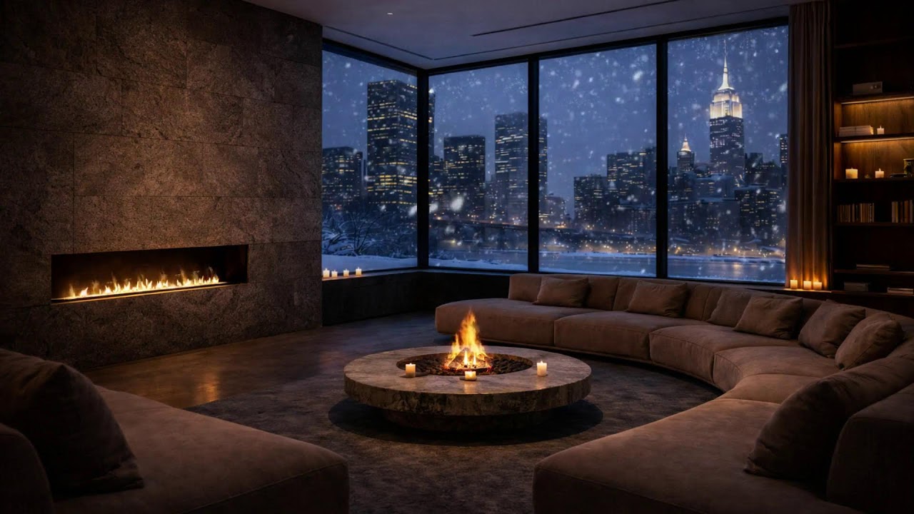 Luxury Jazz Ambience 🌃 Winter Night Fireplace Live