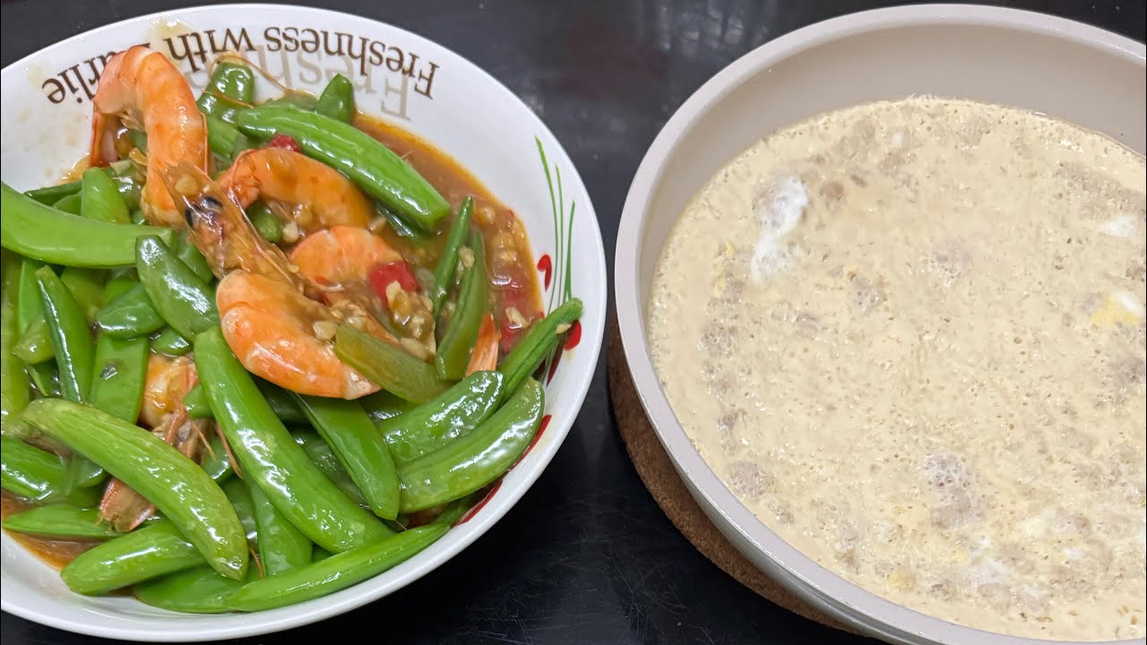 Masak telur daging kisar kukus/kacang peas udang