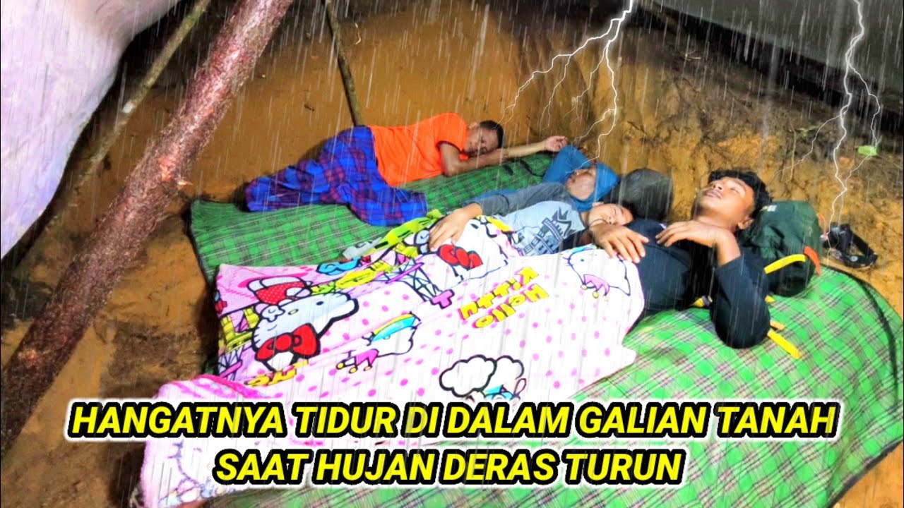 Diguyur hujan deras camping beramai-ramai bermalam dicabin tanah, relaxing rain sound