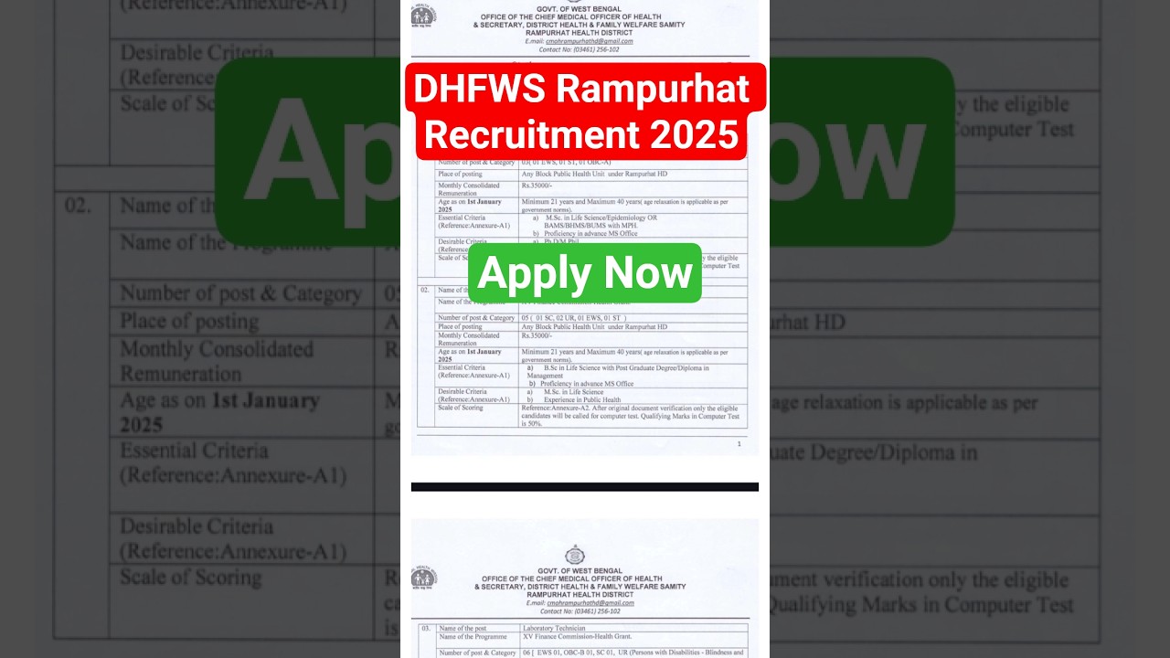 DHFWS Rampurhat Recruitment 2025 | Apply Now
