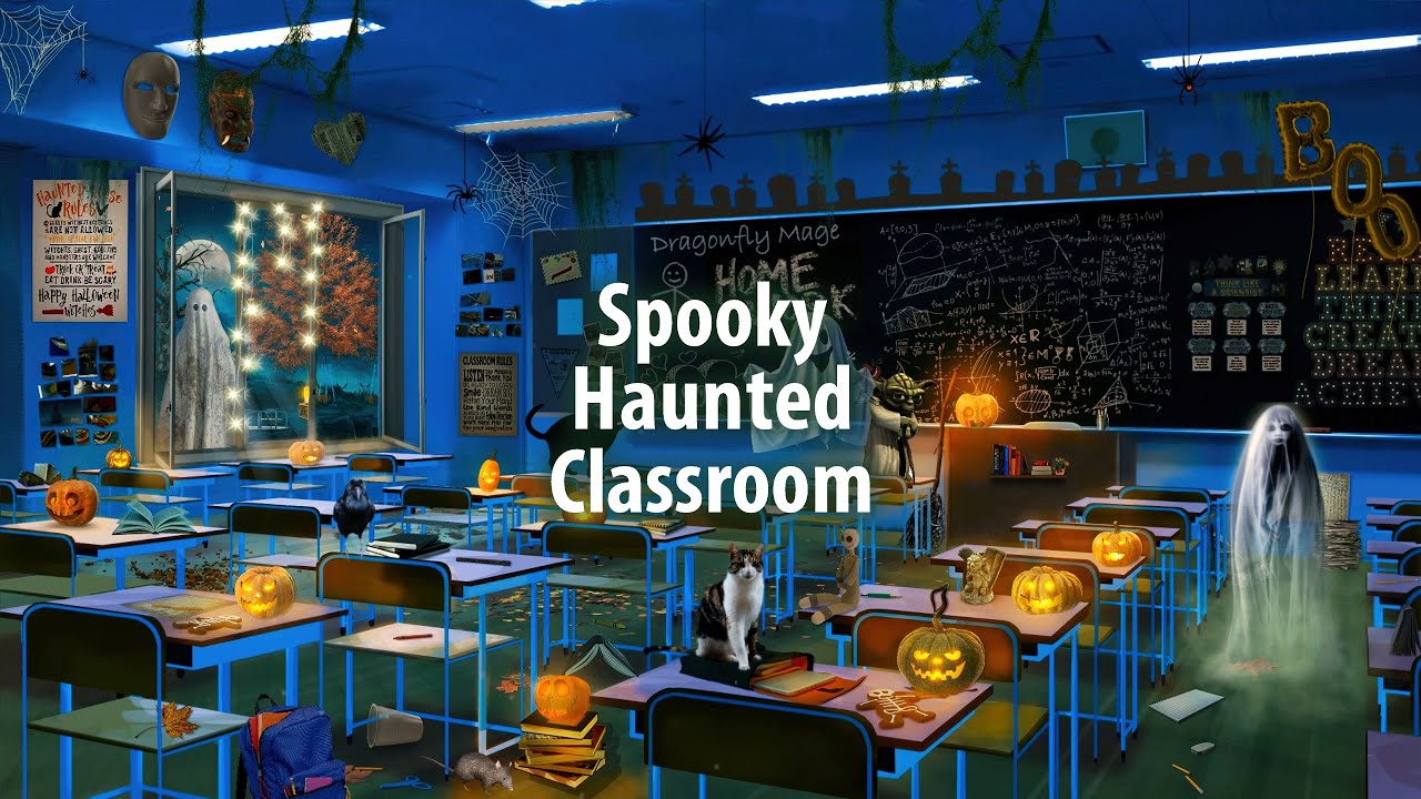 Spooky Haunted Classroom 👻 ASMR Ambience (rain, wind, whispers, chalk, creepy sounds) 🎃