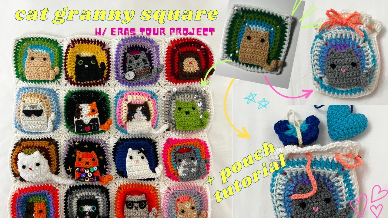 cat granny square + crochet pouch tutorial & Eras Tour! | beginner friendly