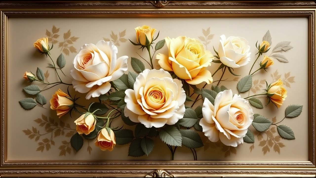 4k Floral Art Screensaver 3D Elegant Rose Garden, Vintage Gold Framed Art For Tv, Samsung Wallpaper