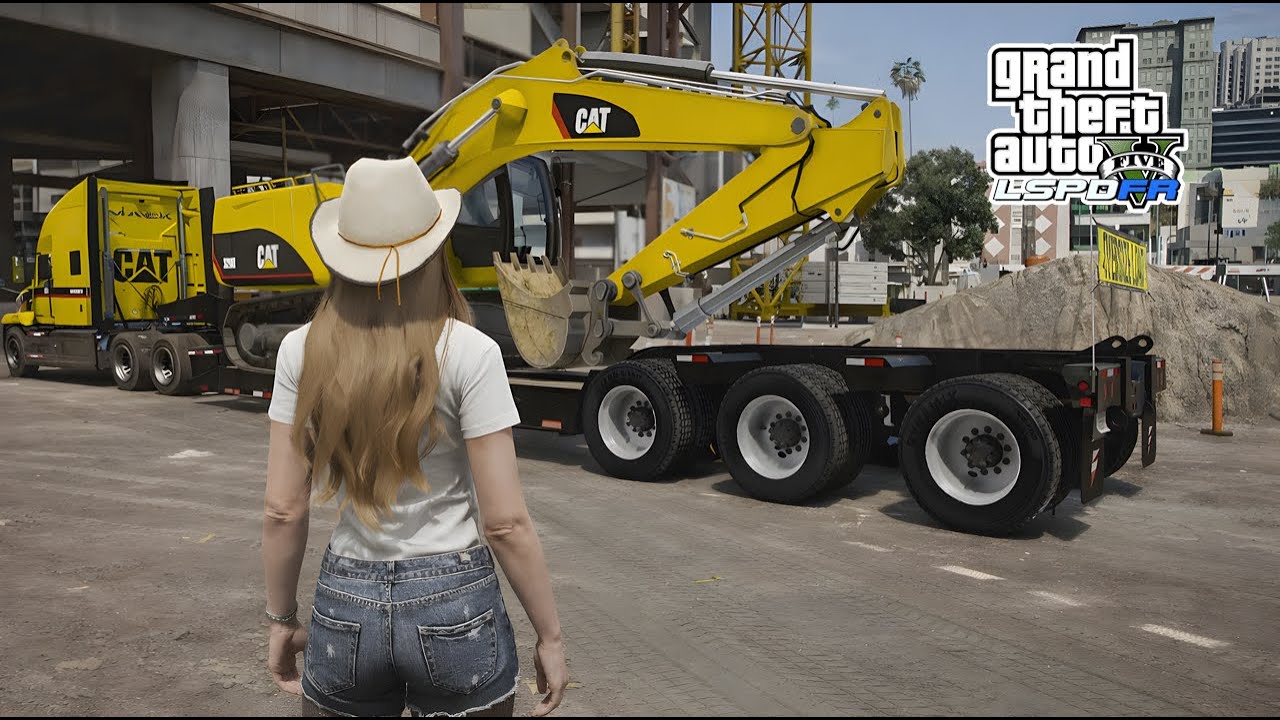 Gta 5 Let's Go To Work As Female Trucker  - Transport CAT Excavator To Construction Site