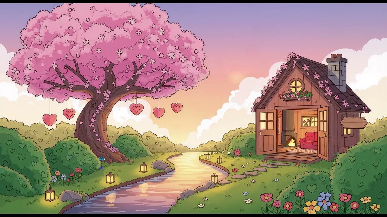 Romantic Pink Valentine Cabin by the River 🌸 Lofi Beats by the Cozy Fireplace for Study and Chill