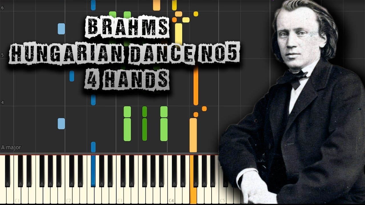 Brahms - Hungarian Dance No.5 - 4 hands - [Piano Tutorial] (Synthesia) (Download MIDI + PDF Scores)
