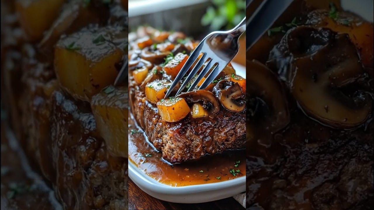 MUSHROOM GRAVY MEATLOAF WITH POTATO & VEGGIE TOPPING 🍄🥔 
