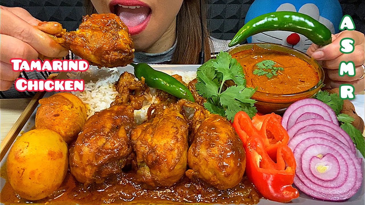 EATING TAMARIND CHICKEN, SPICY EGG CURRY, RAW ONION, HOT CHILLI & RICE ASMR Eating Sounds