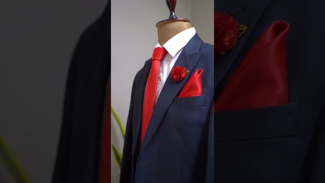 MENSOME Red Neck Tie Combo Set on Navy Blue Suit 