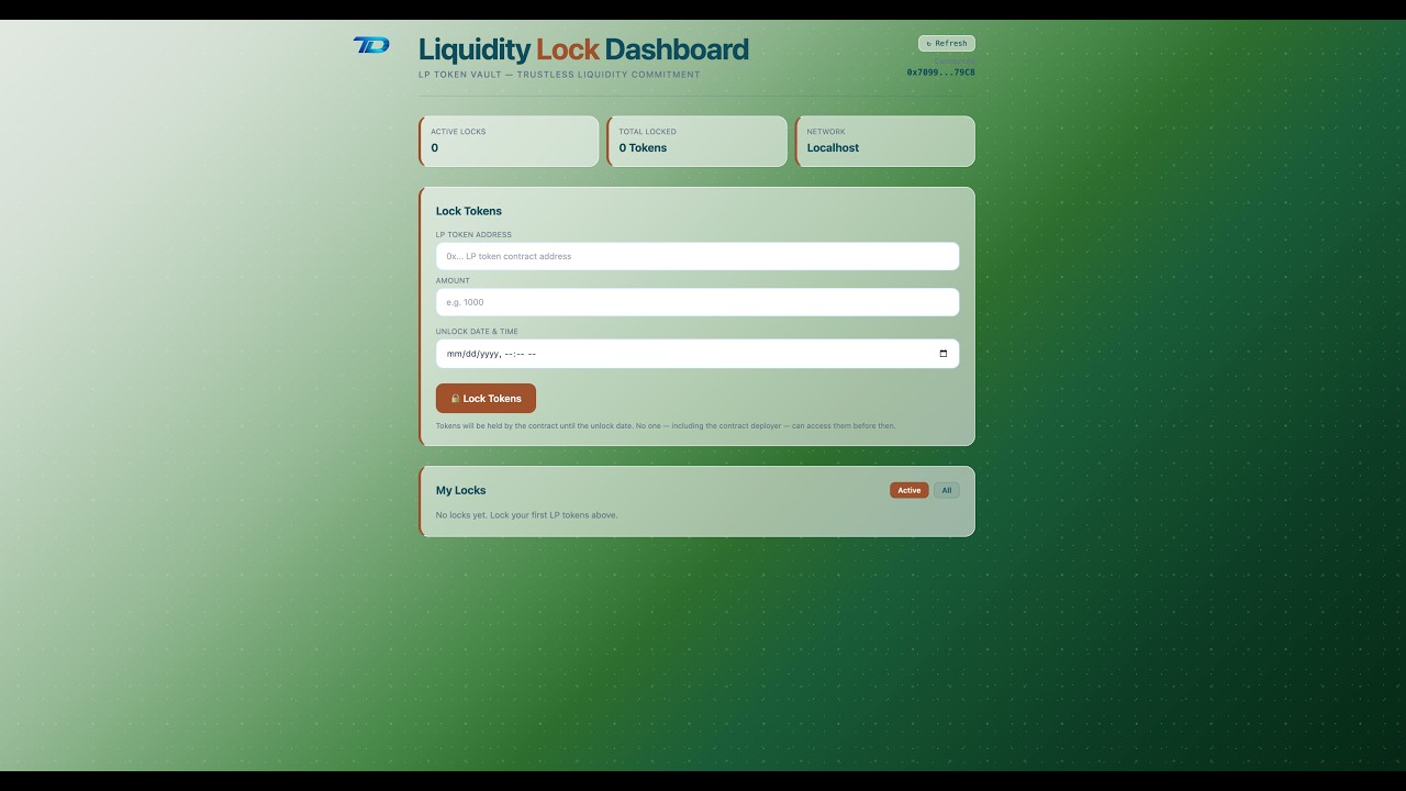 Token Liquidity Lock Dashboard | Solidity Smart Contract + React Frontend | Verified on Sepolia