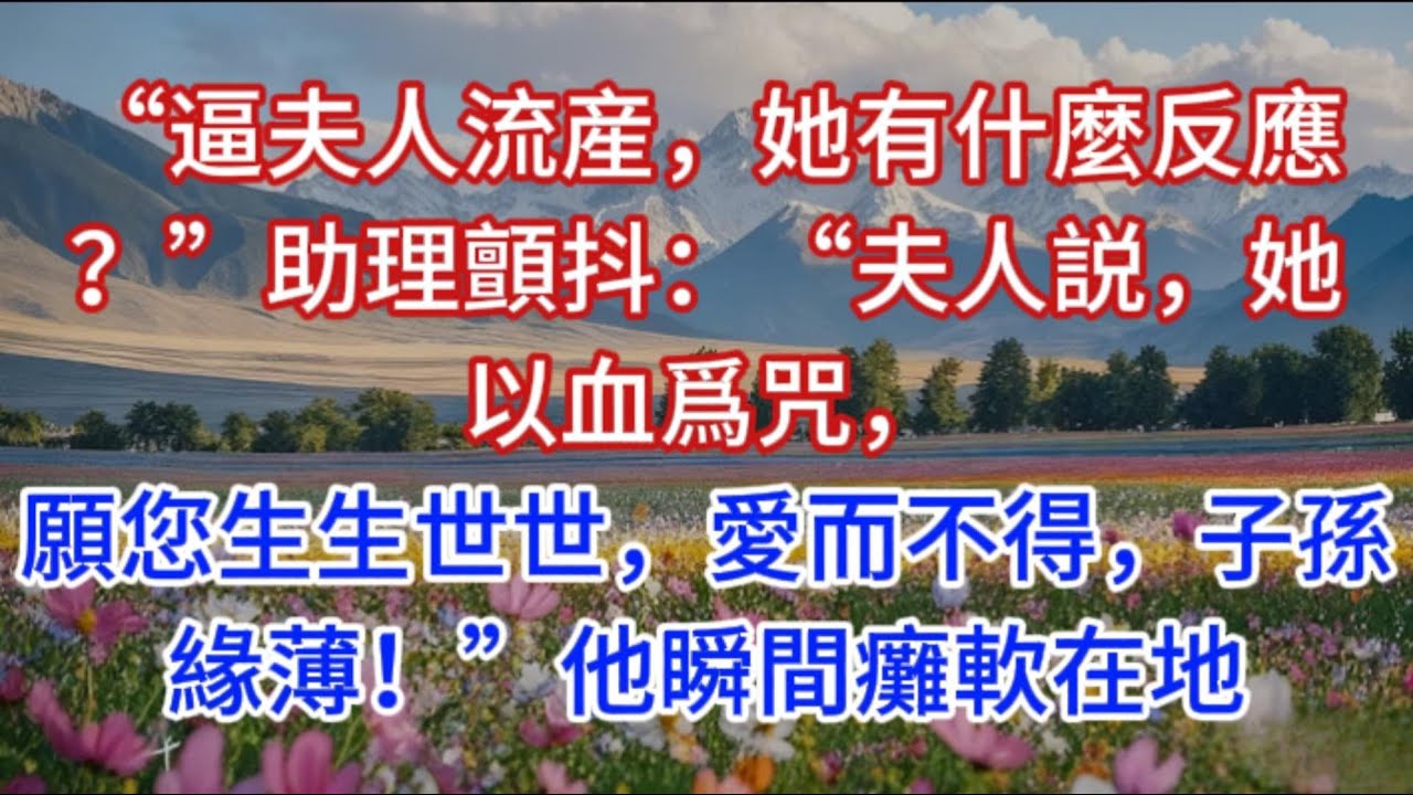 “逼夫人流産，她有什麼反應？”助理顫抖：“夫人説，她以血爲咒，願您生生世世，愛而不得，子孫緣薄！”他瞬間癱軟在地