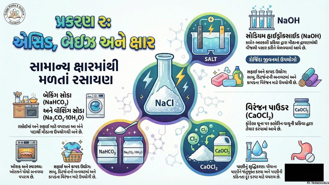 ધોરણ 10 વિજ્ઞાન પ્રકરણ 2 – એસિડ, બેઈઝ અને ક્ષાર માં “સામાન્ય ક્ષાર (NaCl) માંથી મળતા રસાયણ”