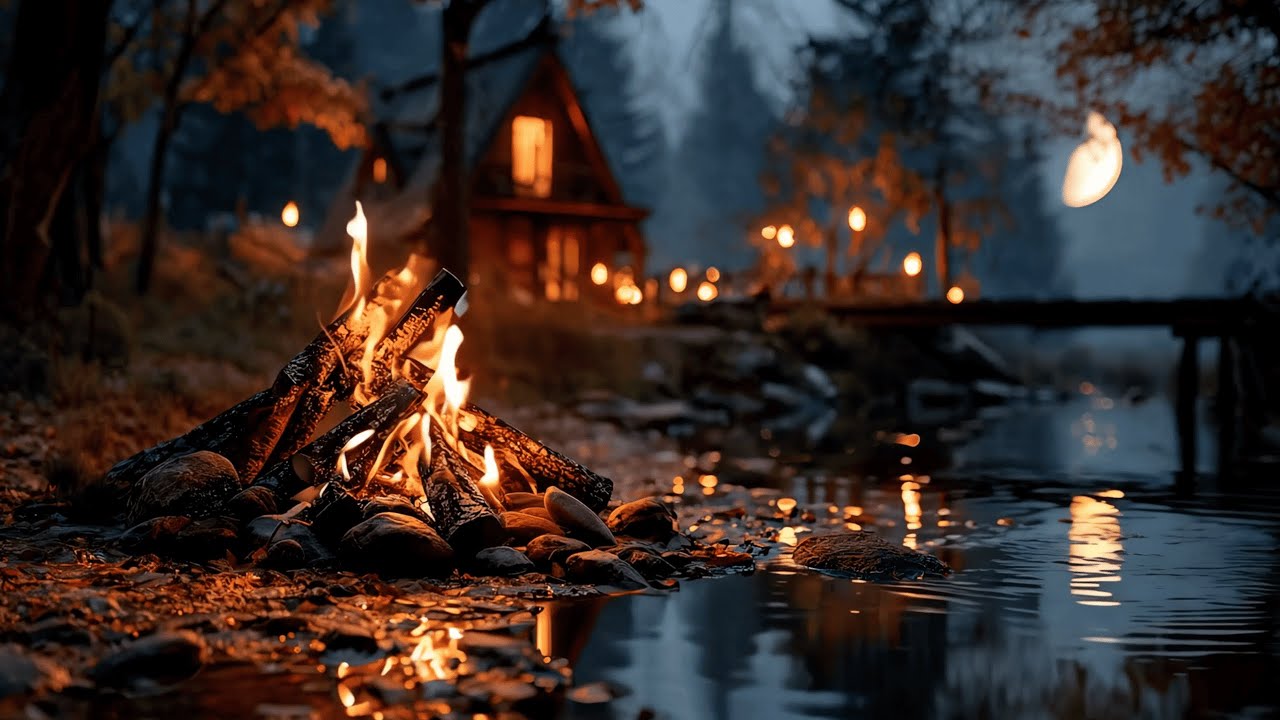 Magical Autumn Forest Ambience ✨With Crackling Fire & Flowing Water Sounds ASMR for Sleep