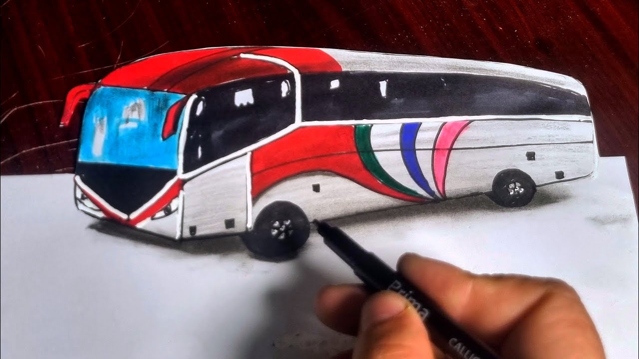 رسم ثلاثي الأبعاد  .رسم باص .رسم سهل تعلم بتخطيط والرسم السريع