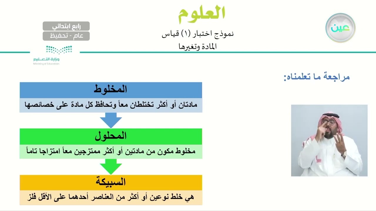 نموذج اختبار (1) قياس المادة وتغيرها - العلوم - رابع ابتدائي
