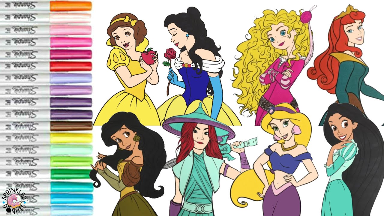 Disney Princess Color Swap Coloring Book Compilation Ariel Raya Jasmine Rapunzel Merida Aurora