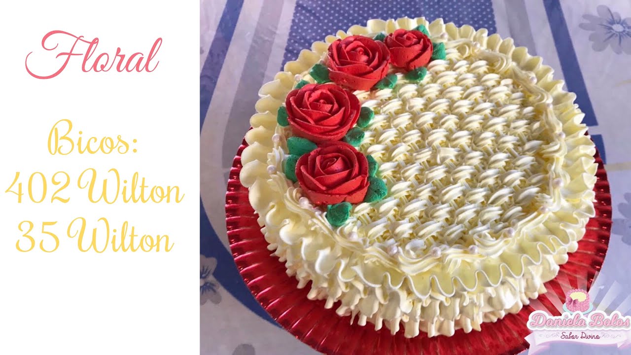 Confeitando bolo c/ flores e 402 Wilton