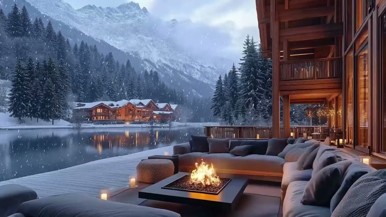 Cozy Winter Terrace 🌨️⛄️with Fire 🔥& Snow – 3 Hour Jazz Ambience