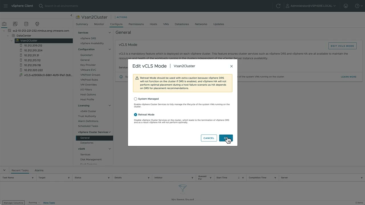 vCLS Retreat Mode in vSphere 8.0 U2 Demo