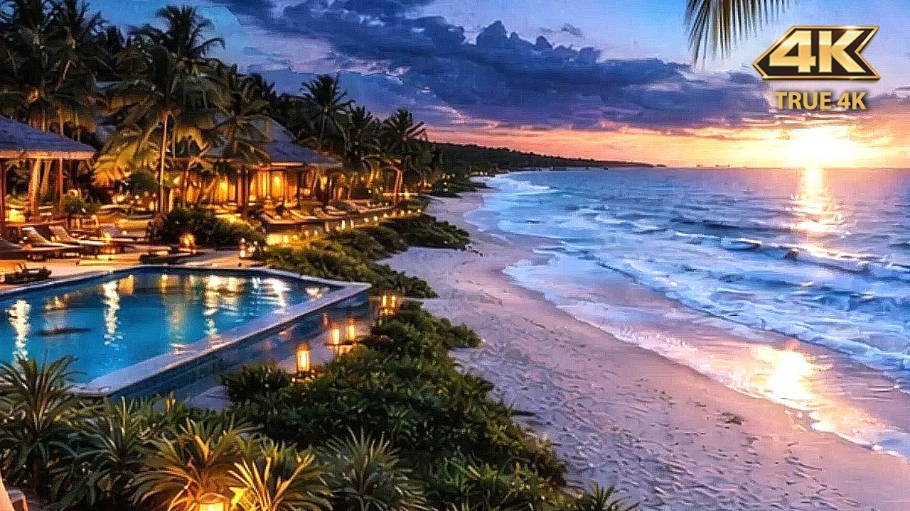 4K Tropical Sunset Beach 🌴 Smooth Jazz by the Ocean | Relaxing Music & Ambient Sounds