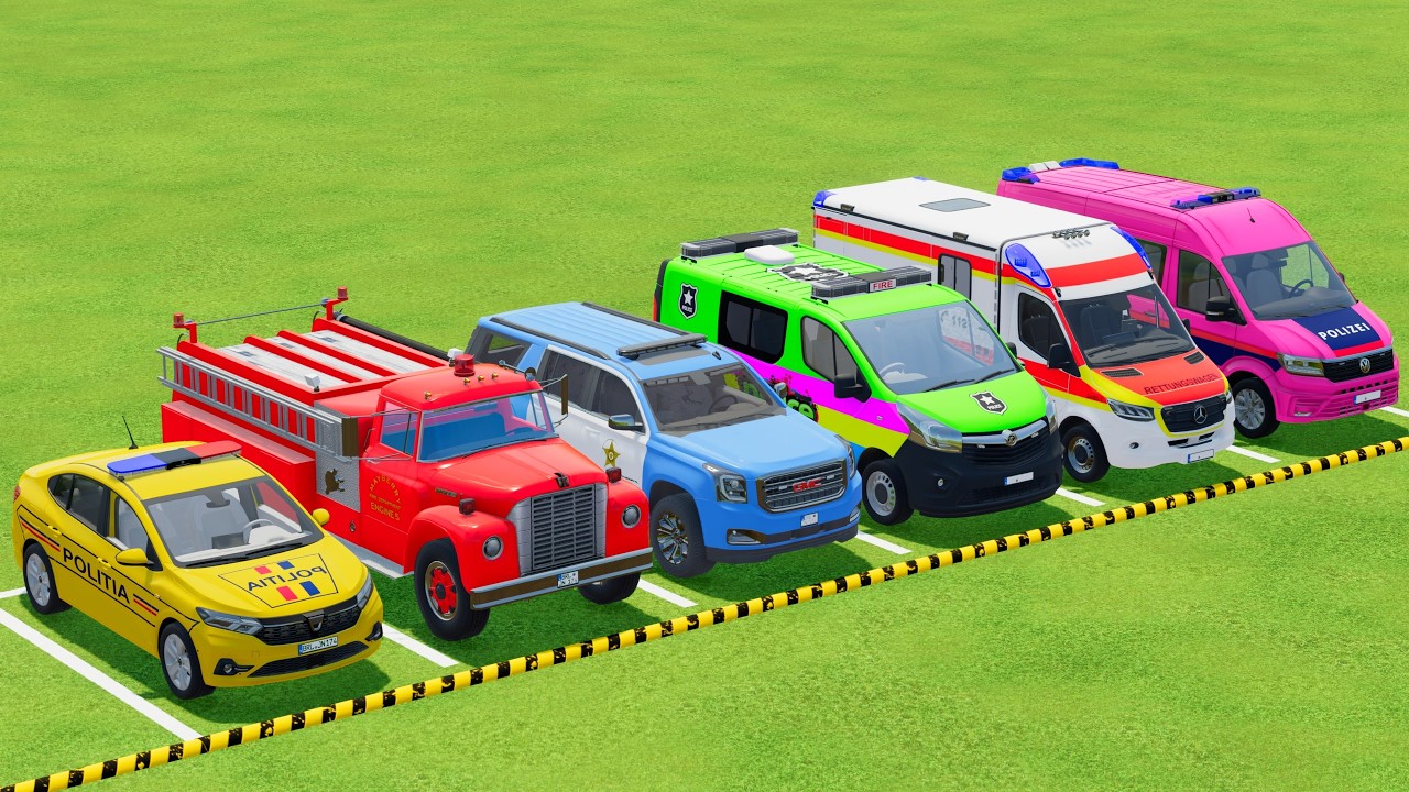TRANSPORTING POLICE CARS, AMBULANCE, FIRE TRUCK, COLORFUL CARS WITH TRAIN - FARMING SIMULATOR 22 #19