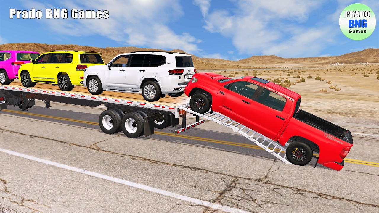 Toyota, Mercedes, Tractor, and Man Flatbed Truck vs Train – BeamNG.drive 446