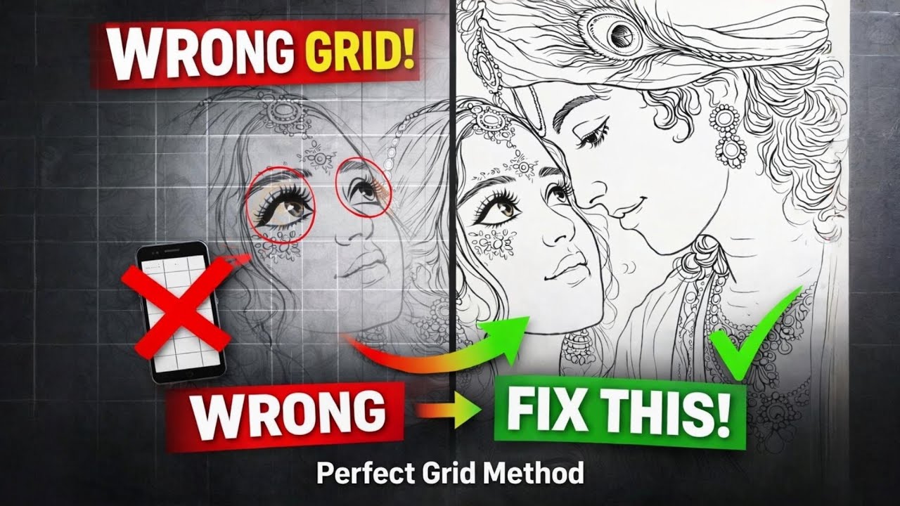 Radha Krishna Drawing Using Grid Method| Mistakes Beginners Make and how to fix them | 