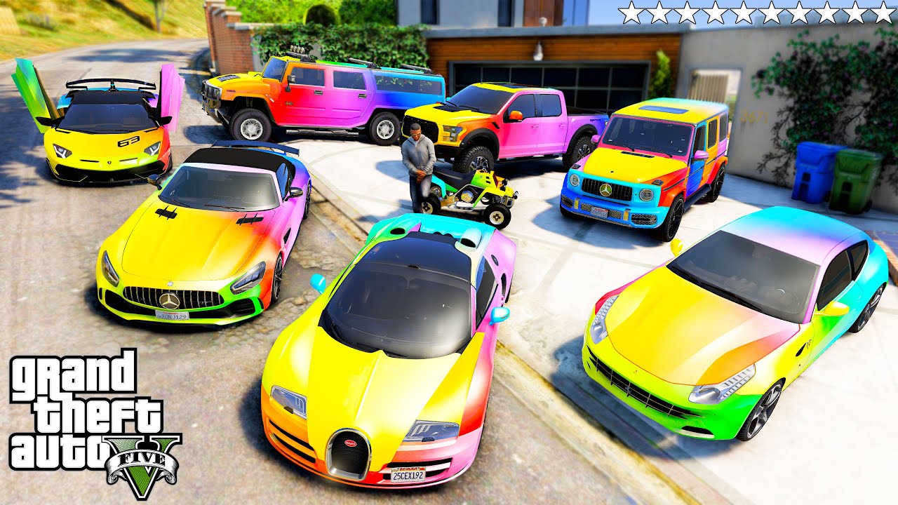 GTA 5 - Stealing Luxury Rainbow SuperCars with Franklin! (Real Life Cars 