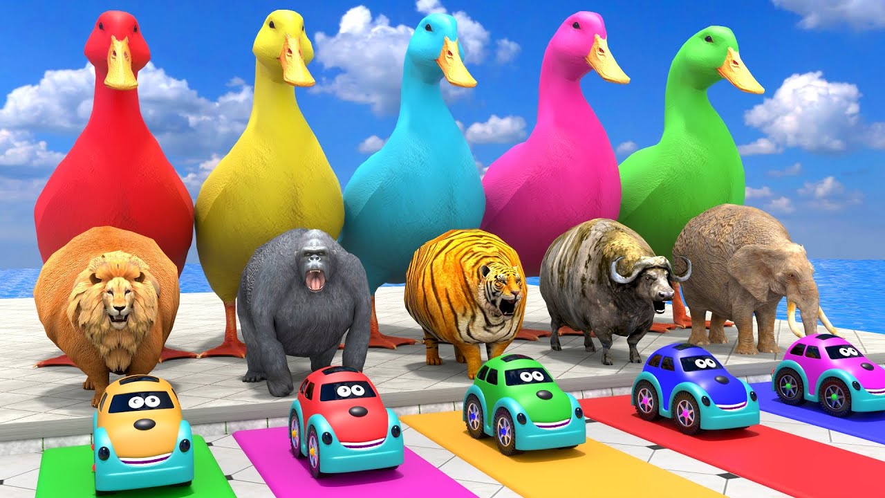 Long Slide Game With Cow Elephant Gorilla Hippopotamus Tiger - 3d Animal Game - Funny 3d Animals