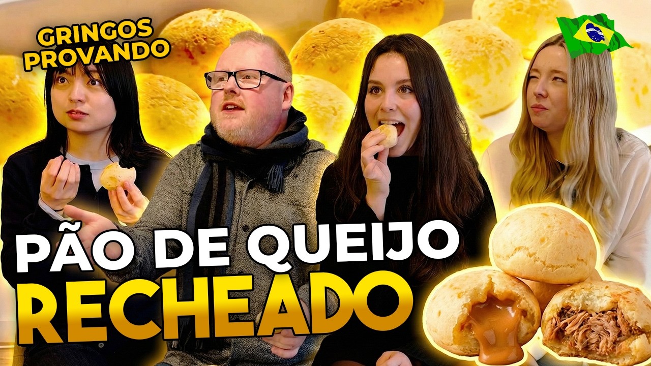 Gringos provando PÃO DE QUEIJO RECHEADO: DOCE DE LEITE x CARNE DESFIADA