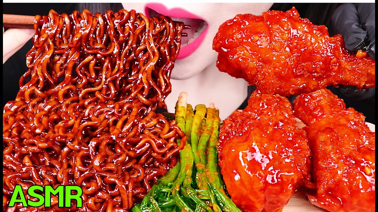 ASMR CHICKEN, SPICY BLACK BEAN NOODLES 불타는 고추짜장, 양념 치킨 먹방 (EATING SOUNDS) NO TALKING MUKBANG