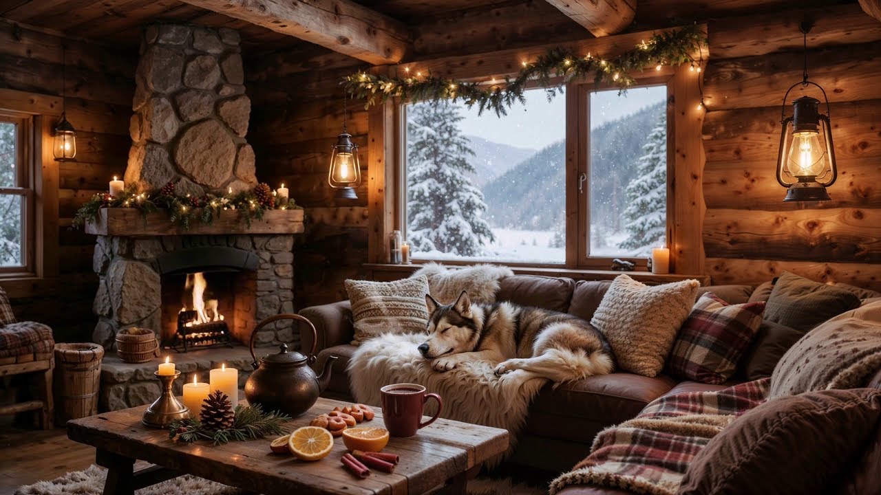 ✨ Cozy Cabin Ambience | Crackling Fireplace Sound & Falling Snow | Relaxing Winter To Sleep & Study