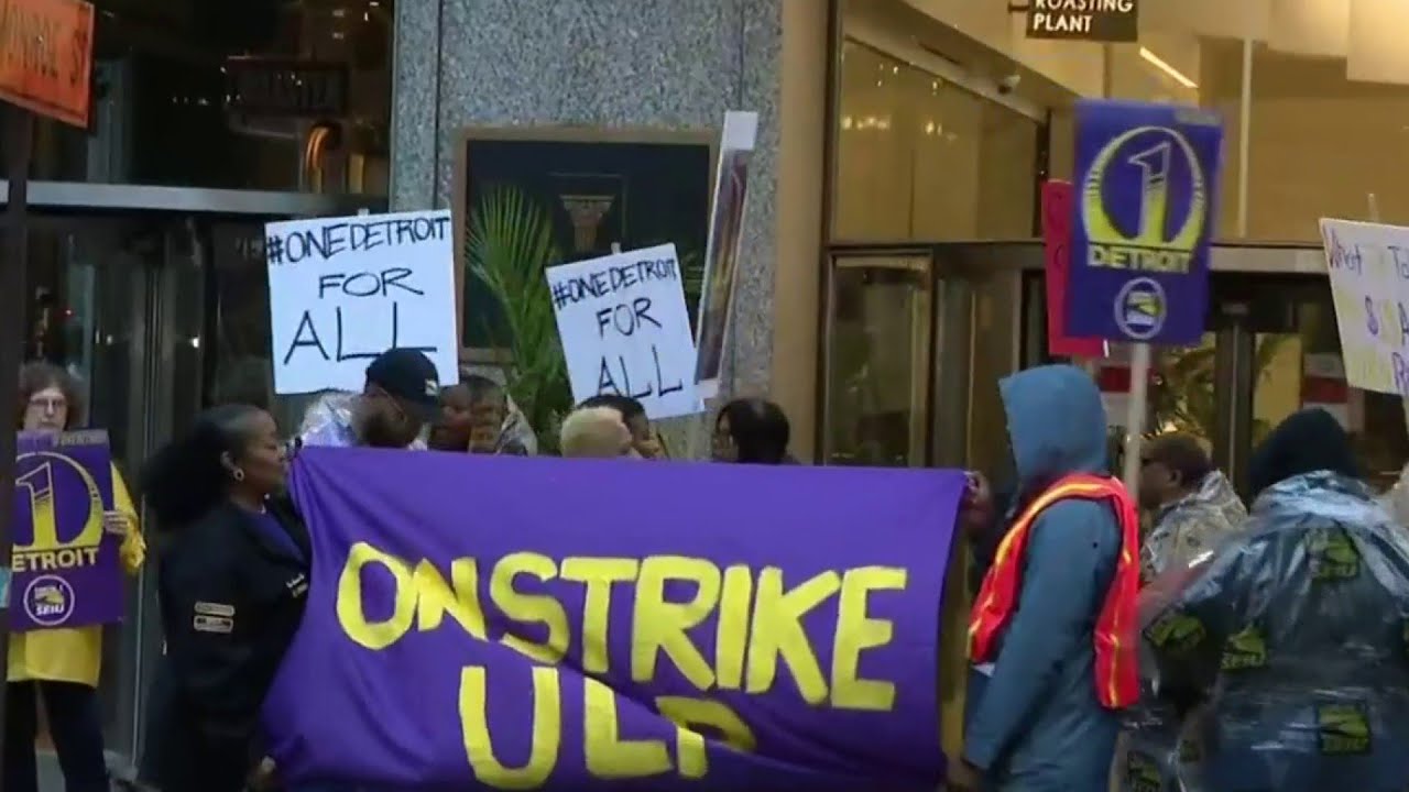 Security guards on strike in Downtown Detroit