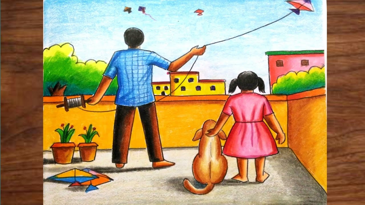 How to draw scenery of  kite flying step by step / Kite flying drawing easy
