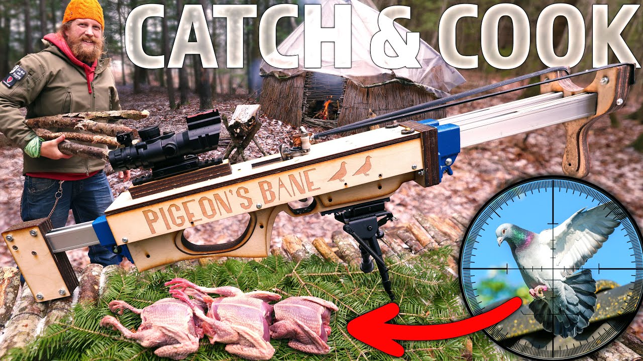 Ловля и приготовление голубей из рогатки – самодельная рогатка, часть 3