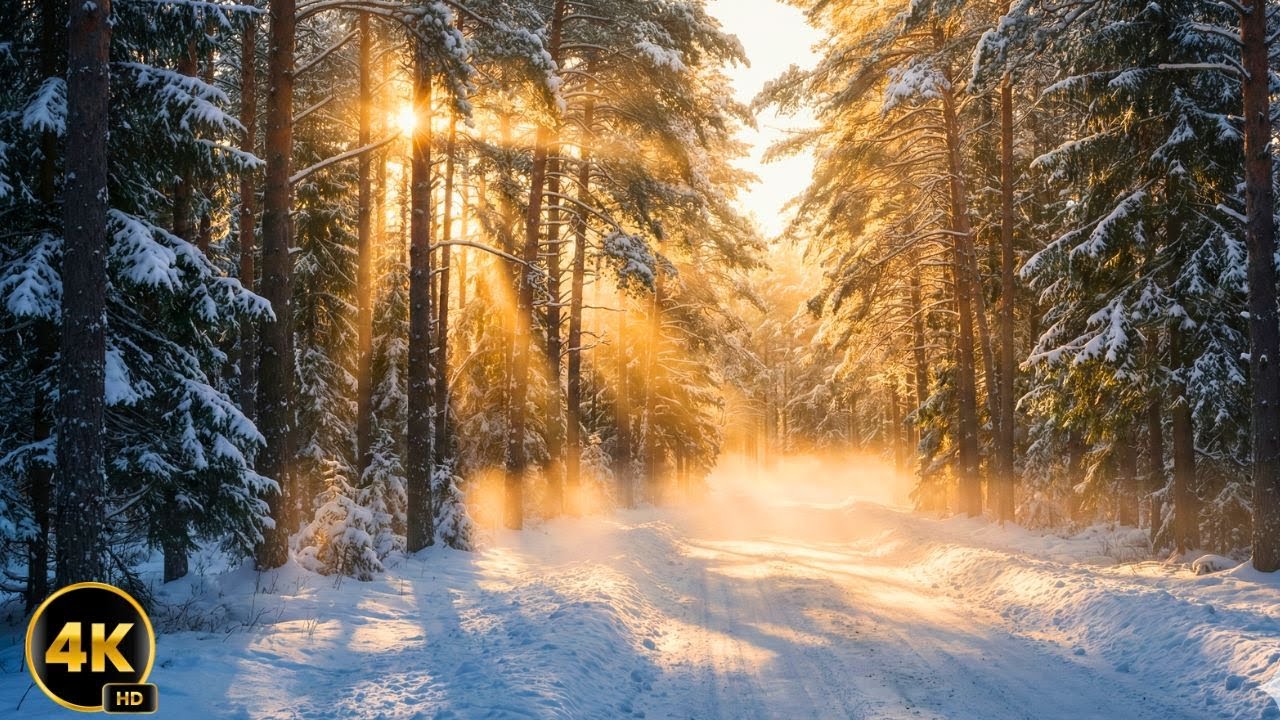 Winter Walk along the Forest Road | Snow & Nature Sounds #winterwalk  #relaxingvideo #ambient