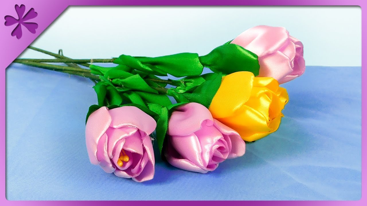 DIY How to make ribbon tulips, spring flowers, for mom (ENG Subtitles) - Speed up #444