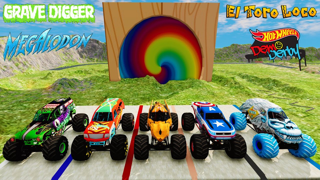 Grave Digger, Demo Derby Monster Trucks Vs Portal Challenge Epic Jumps & Freestyle