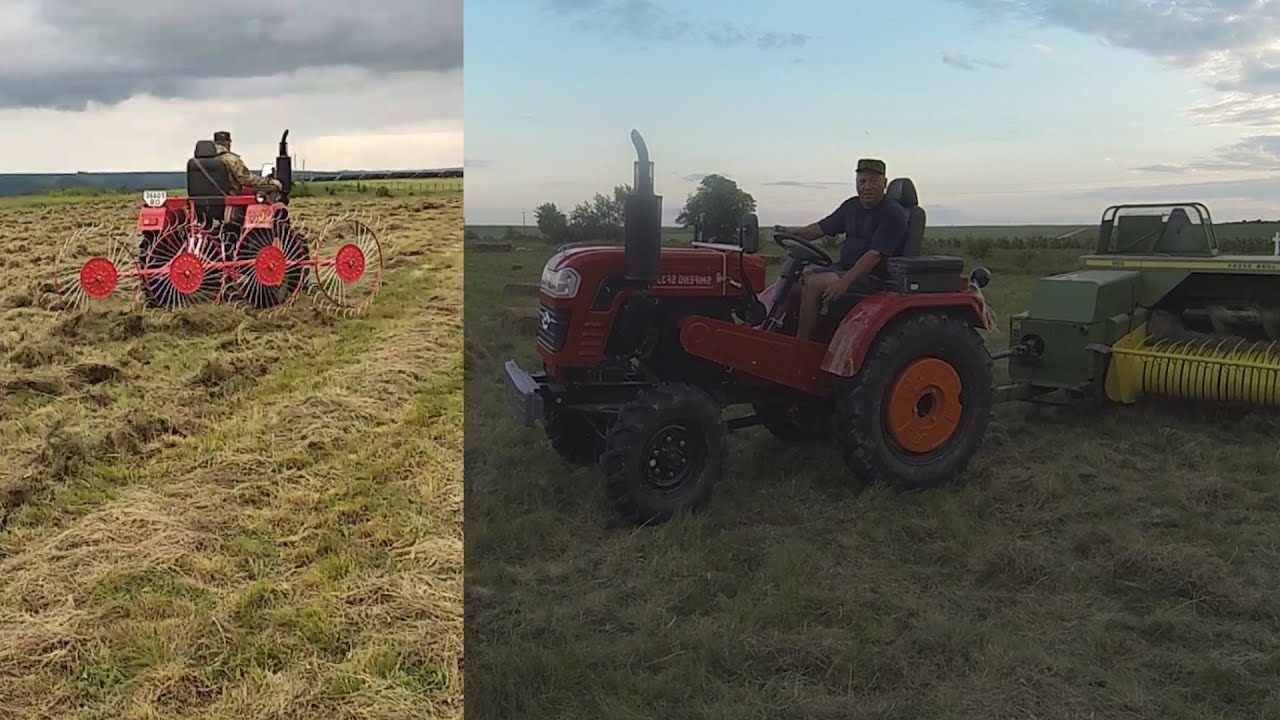Ворошение, сгребание , тюкование сена. Пресс-подборщик John Deere 330. Мини трактор Shifeng SF 354