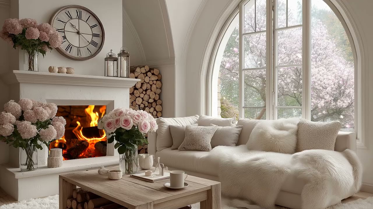 🎶🌸 Spring Blossom Piano | White Lounge with Sakura Falling Outside Window | Relax Focus Healing Calm