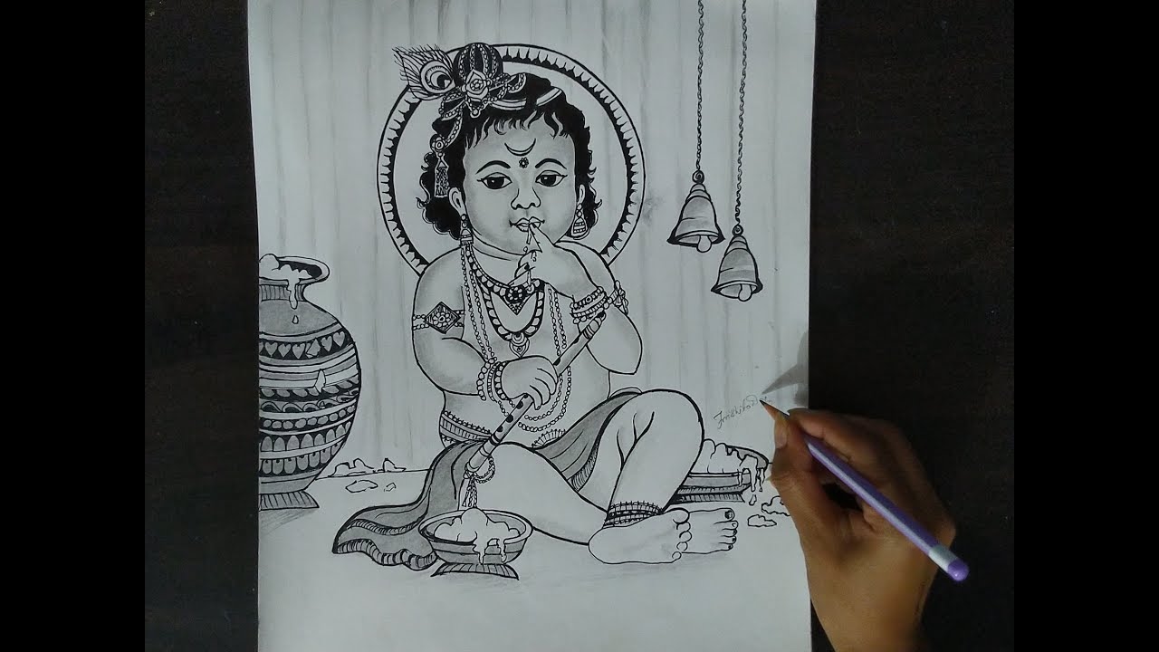 Easy line art drawing Bal Krishna -step by step for beginners//how to draw easy Lord Krishna drawing