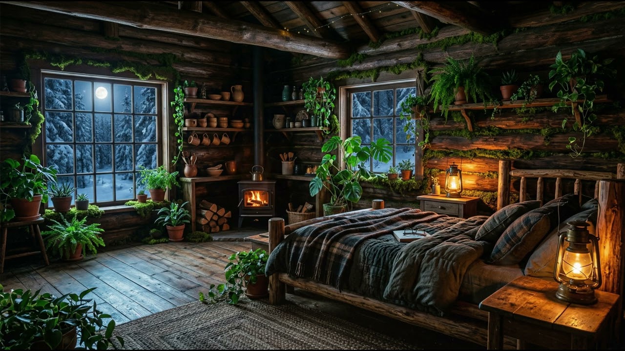 Silent Snow Cabin for Deep Sleep – Warm Lantern Glow, Moonlit Wood & Winter Calm