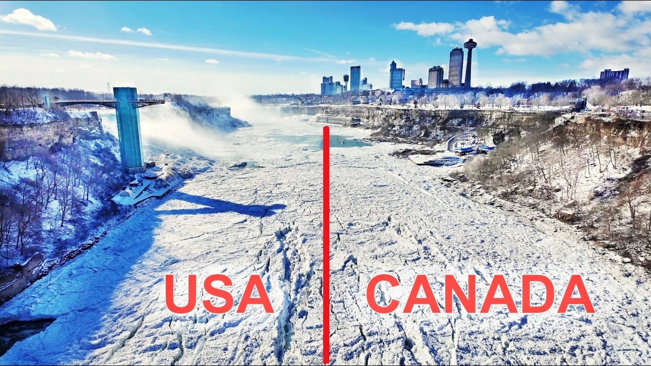 Walking across Canada USA Border in Niagara Falls on foot - American Falls in Winter