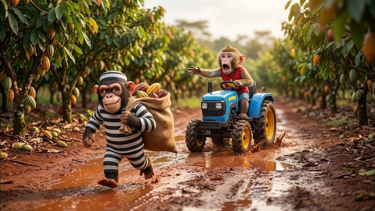Monkey Macaca Harvests Cacao and Catches a Sneaky Thief Stealing Them Right on His Farm!