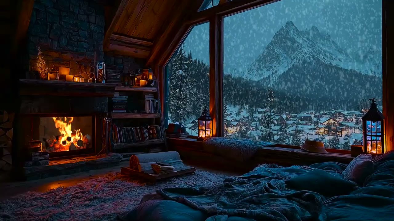 Peaceful Winter Cabin Snowstorm with Gentle Fireplace Sounds for Deep Sleep and Relaxation