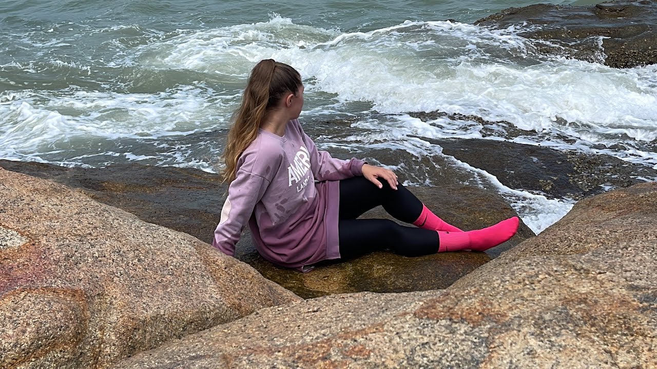 Lulu got wet on a huge rock. Wet purple sweatshirt, wet leggings, wet socks