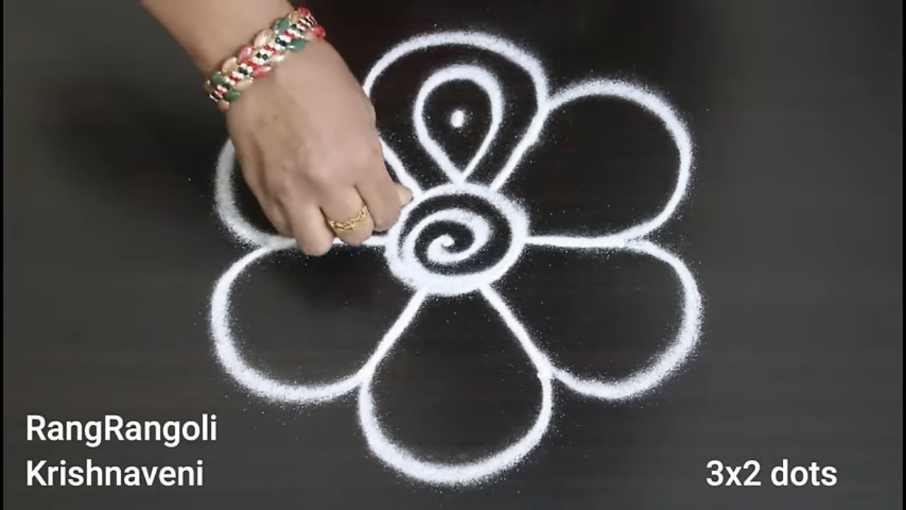 Easy Muggulu🍀3x2 dots Simple Daily Kolam🍀Latest Rangoli🍀RangRangoli Krishnaveni